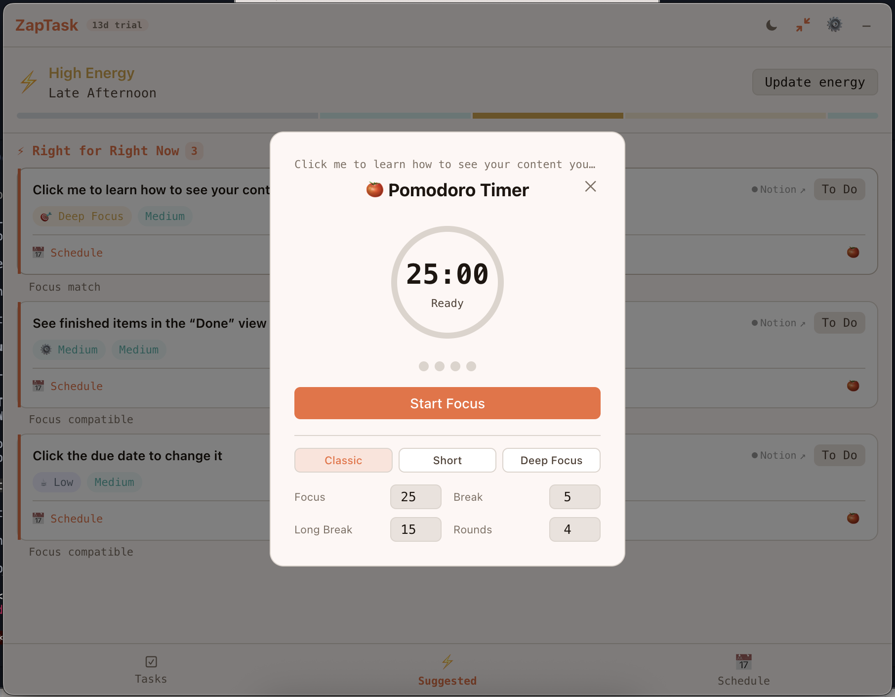 Built-in Pomodoro Timer